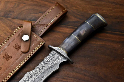 HS-412 | Custom Handmade Damascus Steel Hunting Knife - Buffalo Horn Handle