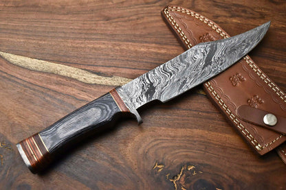 HS-317 Custom Hand Made Damascus Steel Blade Bowie Hunting Knife | HARD WOOD