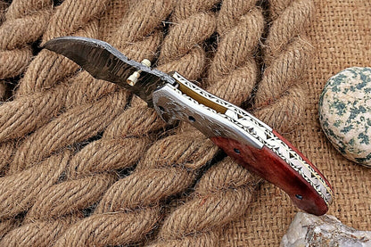 Custom Handmade Damascus Folding-Pocket Knife With Camel Bone Handle