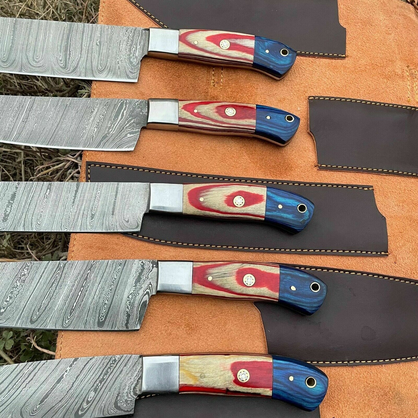 HS-129 '' Hand Forged Damascus Steel Hunting Chef Kitchen Knife Set W/ Sheath