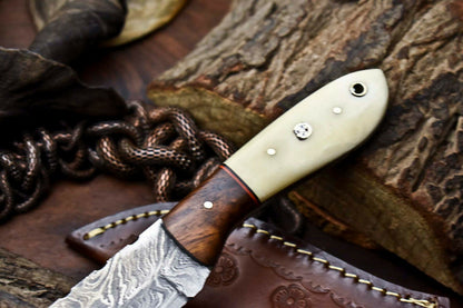 HS-718 Custom Handmade Camel Bone & Wood Hanlde Damascus Steel Skinner Knife - Great Price