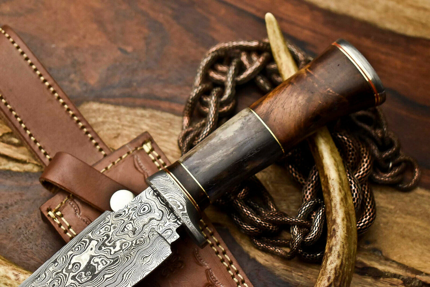 HS-404 | Custom Handmade Awesome Camel Bone/Walunt Wood Handle Damascus Steel Hunting Knife - Great Price