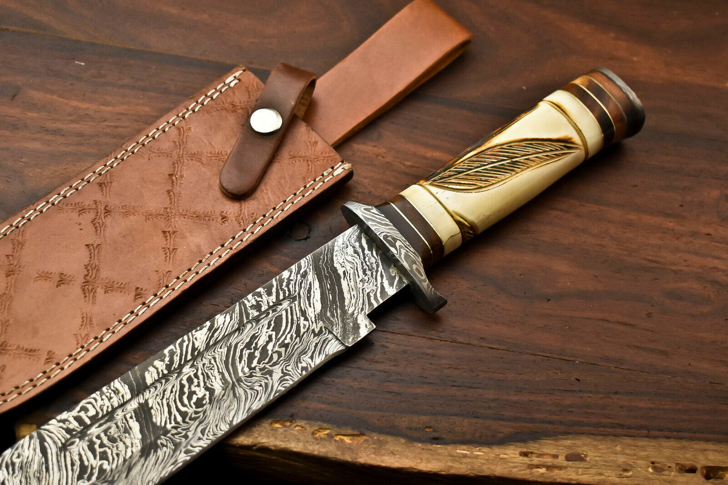 HS-334 | Custom Handmade Damascus Steel Hunitng/Bowie Knife - Engraved Camel Bone Handle