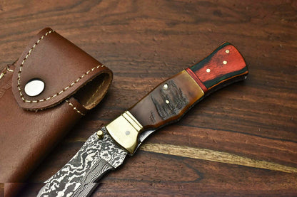 HS-1139 Custom Handmade Damascus Steel Blade Liner-Lock Pocket Folding Knife| Ram Horn