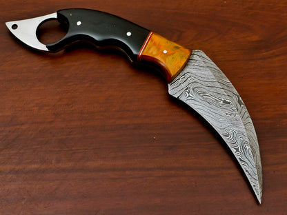 HS-884 HANDMADE DAMASCUS CUSTOM PAKKA WOOD KARAMBIT HUNTING KNIFE
