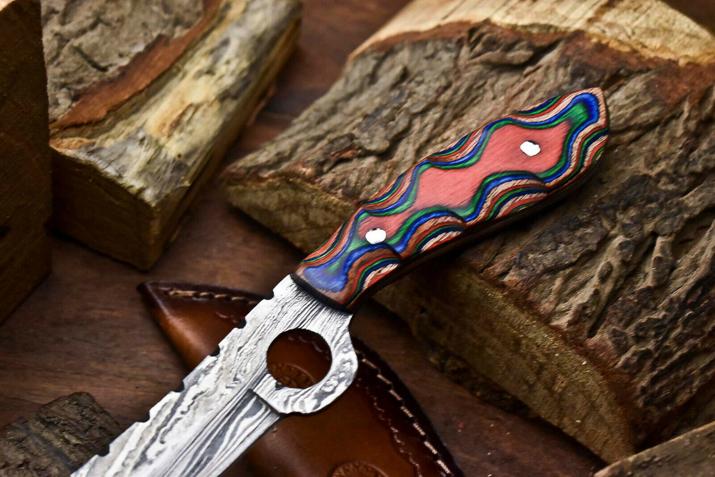 HS-999 | Custom Handmade Damascus Steel Bull Cutter Knife - Beautiful Hard Wood Handle