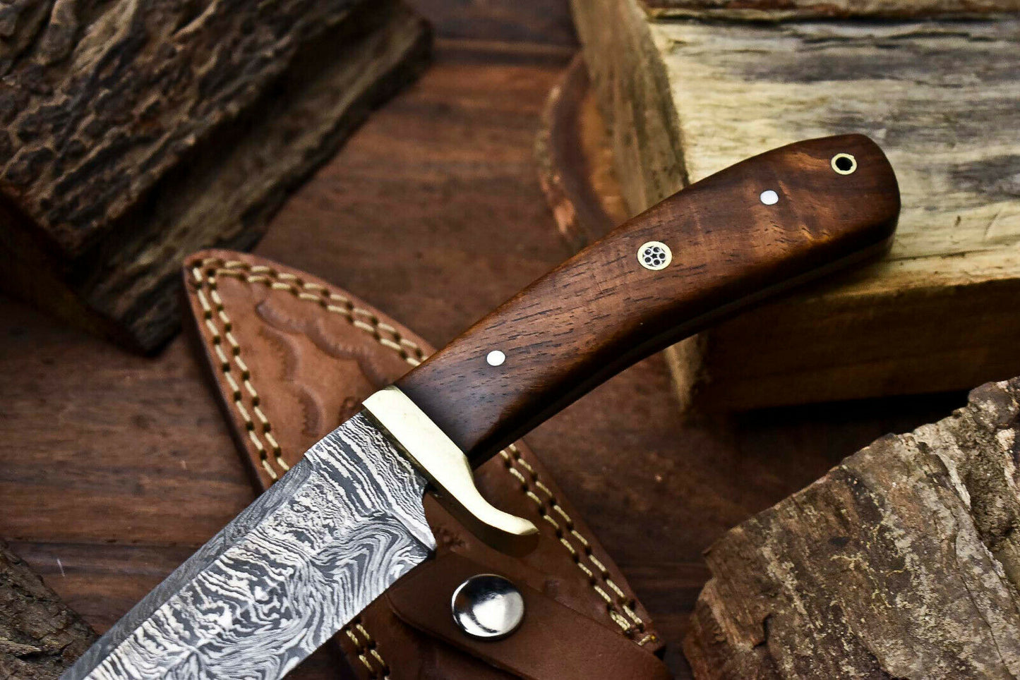 HS-400 | Custom Handmade Damascus Steel Hunting Camping Knife - Beautiful Wood Handle
