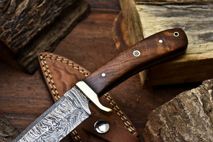 HS-400 | Custom Handmade Damascus Steel Hunting Camping Knife - Beautiful Wood Handle