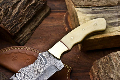 HS-924 Custom Handmade Damascus Steel Camping Tracker Knife - Beautiful Camel Bone Handle