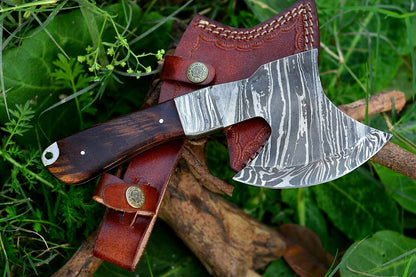 HS-1049 Damascus Viking Axe Rose wood handle with Leather sheath 9''