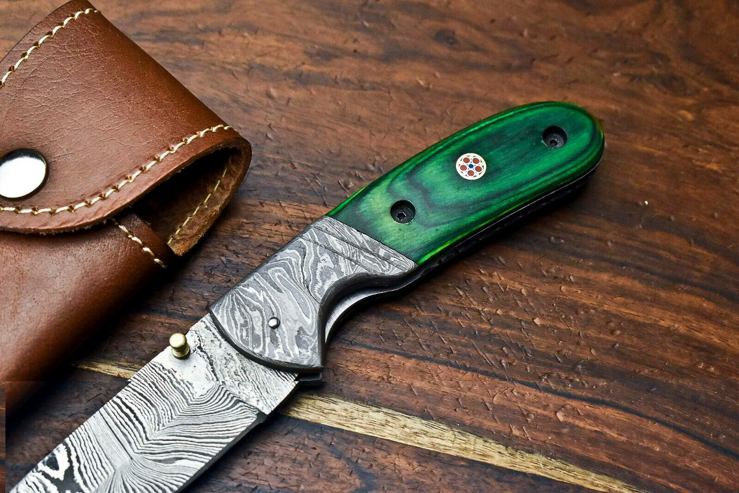 Custom Handmade Damascus Steel Blade Liner-Lock Pocket Folding Knife| HARD WOOD