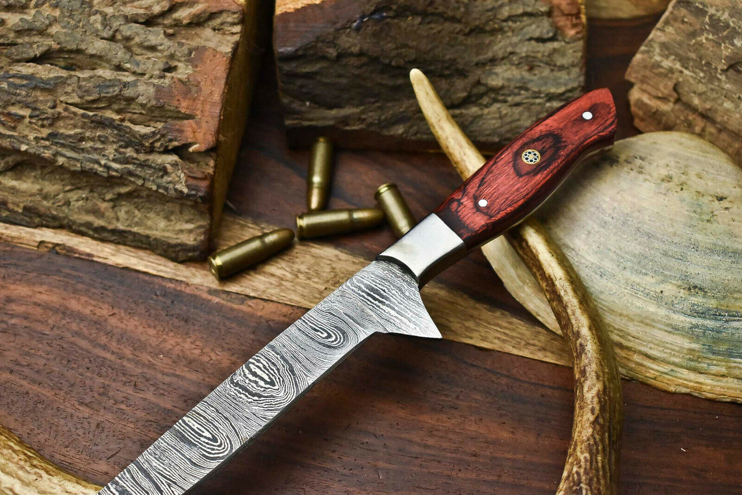 HS-264 Hand Made Damascus Steel Blade Fish Fillet Knife Full Tang Knife | HARD WOOD