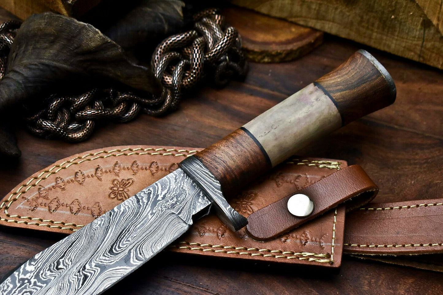 HS-327 | Custom Handmade Damascus Steel Hunitng/Bowie Knife - Wood + Bone Handle