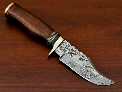 HS-372 '' CUSTOM MADE HAND FORGED DAMASCUS FIXED BLADE HUNTING KNIFE - BRASS GUARD-