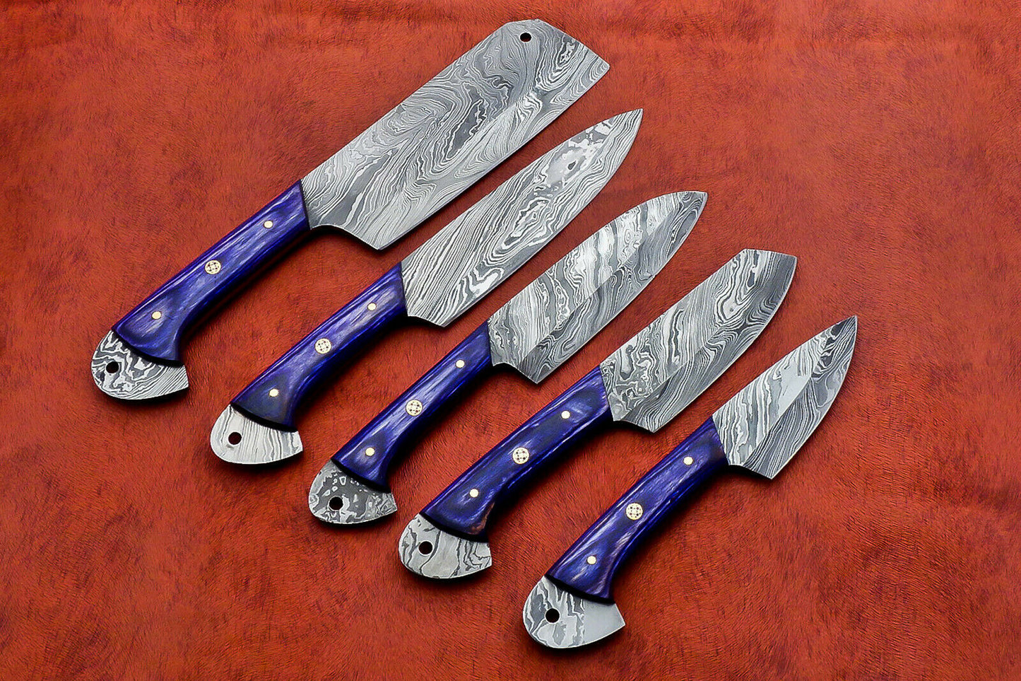 HS-144 Custom Handmade Damascus Steel 5 Piece Chef Set with Blue Wood Handle