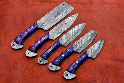 HS-144 Custom Handmade Damascus Steel 5 Piece Chef Set with Blue Wood Handle