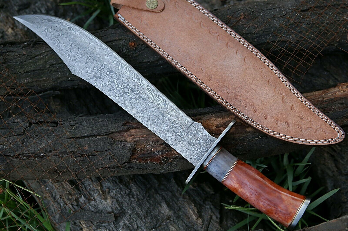 HS-308 Custom Hunting Bowie Knife, Damascus Steel Fixed Blade Bowie Knife