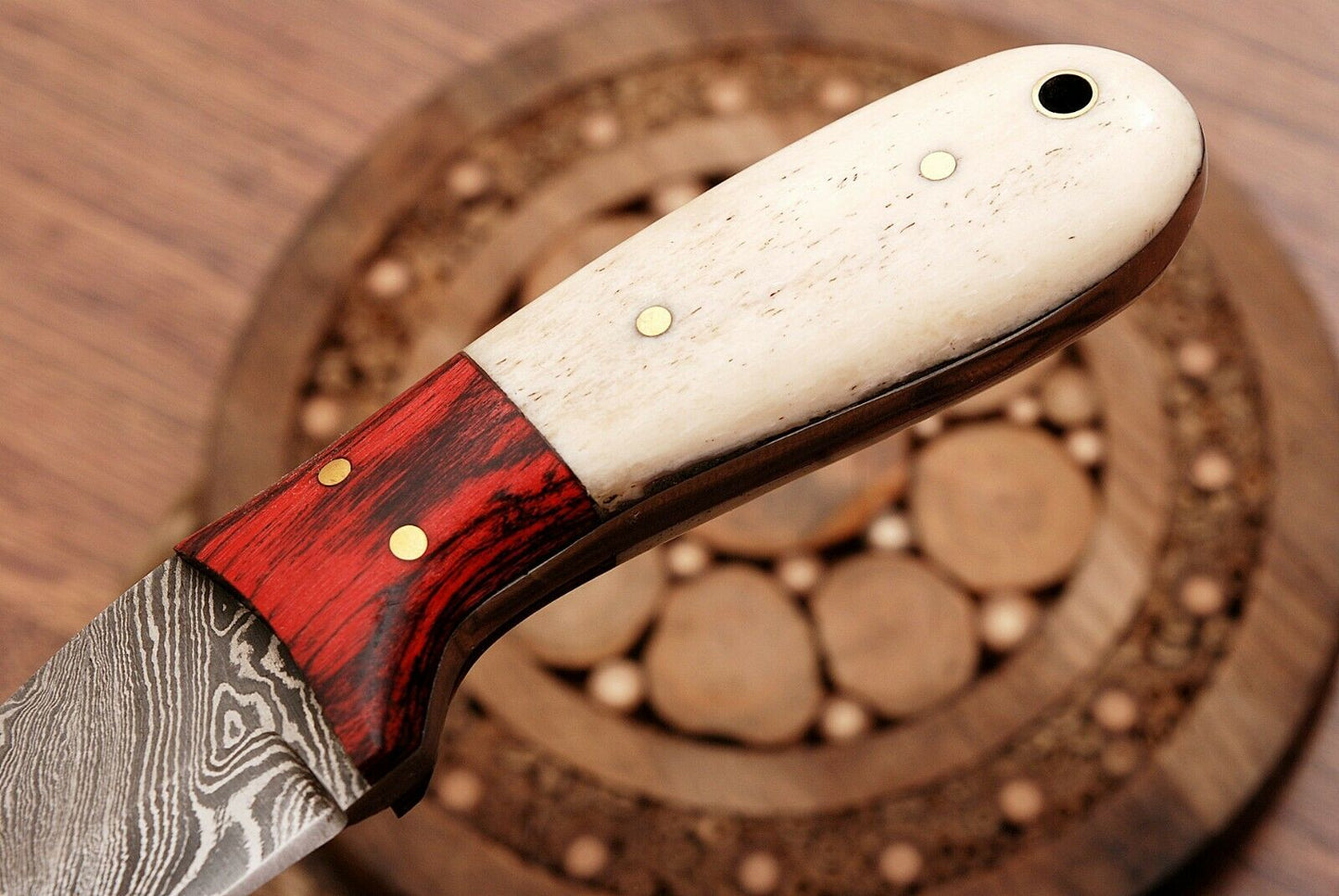 HS-758 Custom Handmade Damascus Steel Skinner Knife 6.0 inch Overall And Camel Bone+Hard Wood Handle