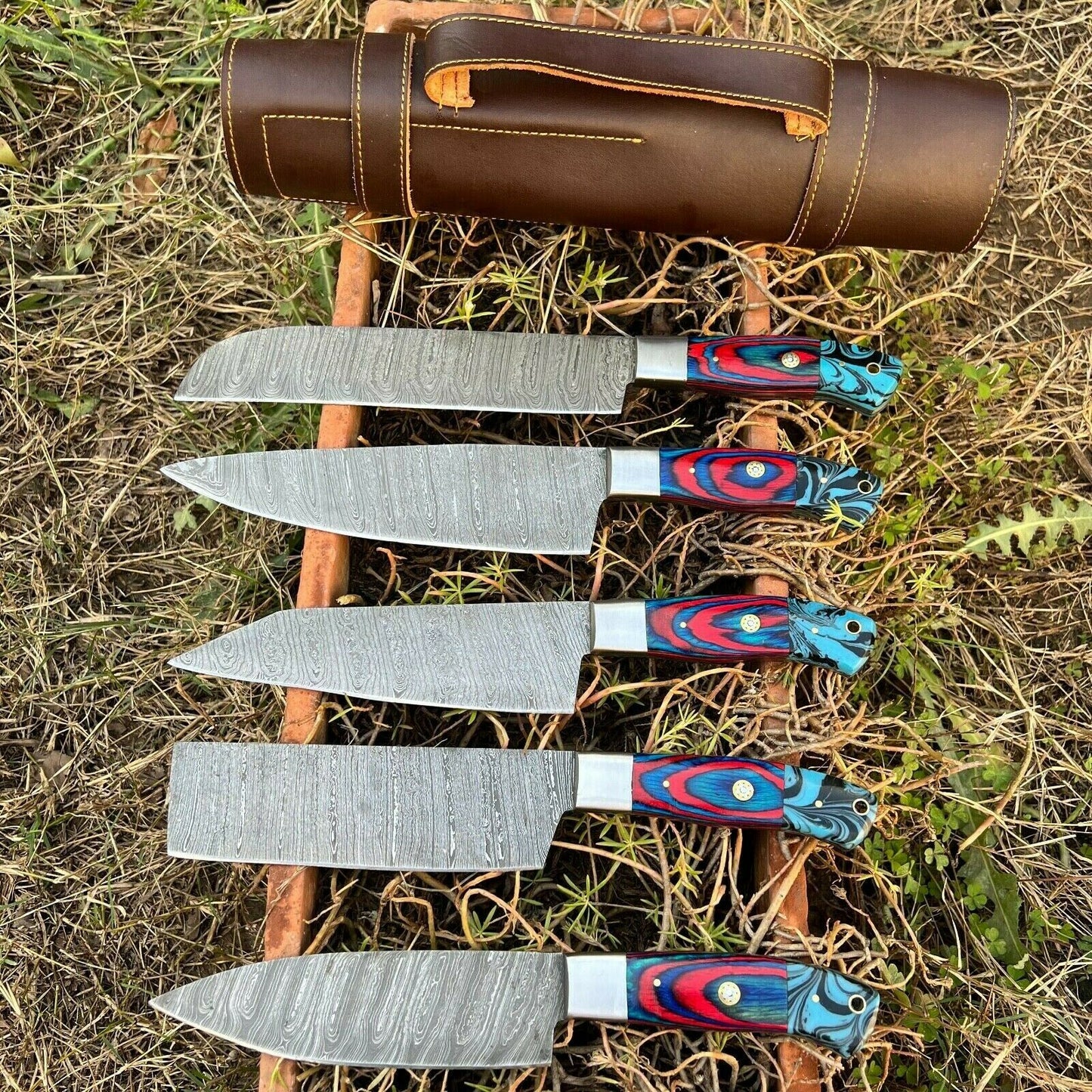 HS-131 '' Hand Forged Damascus Steel Hunting Chef Kitchen Knife Set W/ Sheath