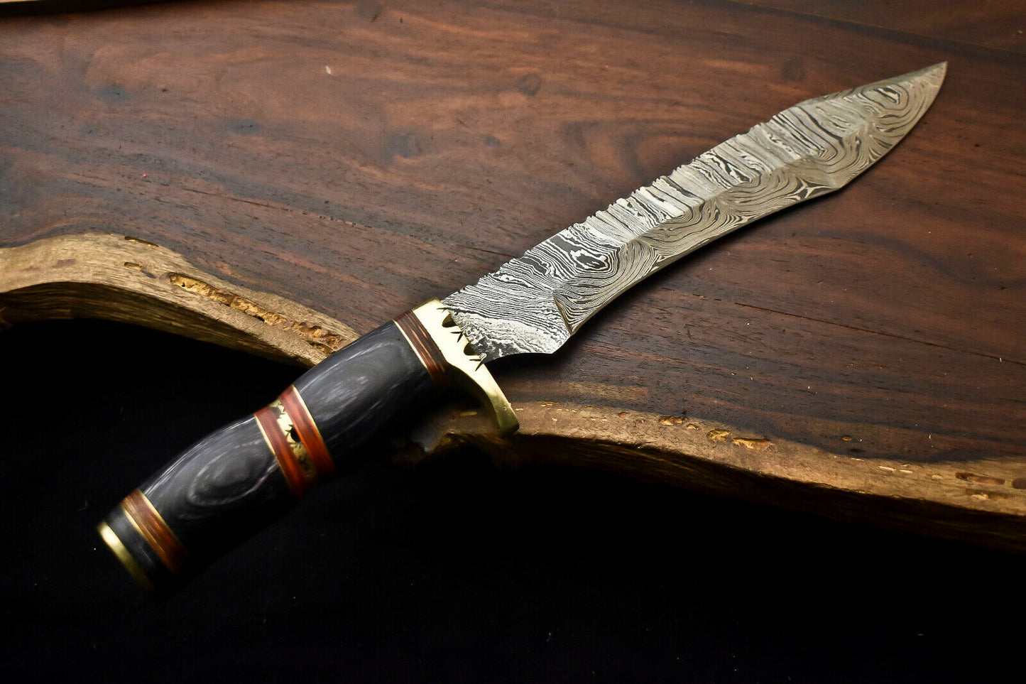 HS-333 | Custom Handmade Damascus Steel Bowie / Hunting Knife - Hard Wood Handle