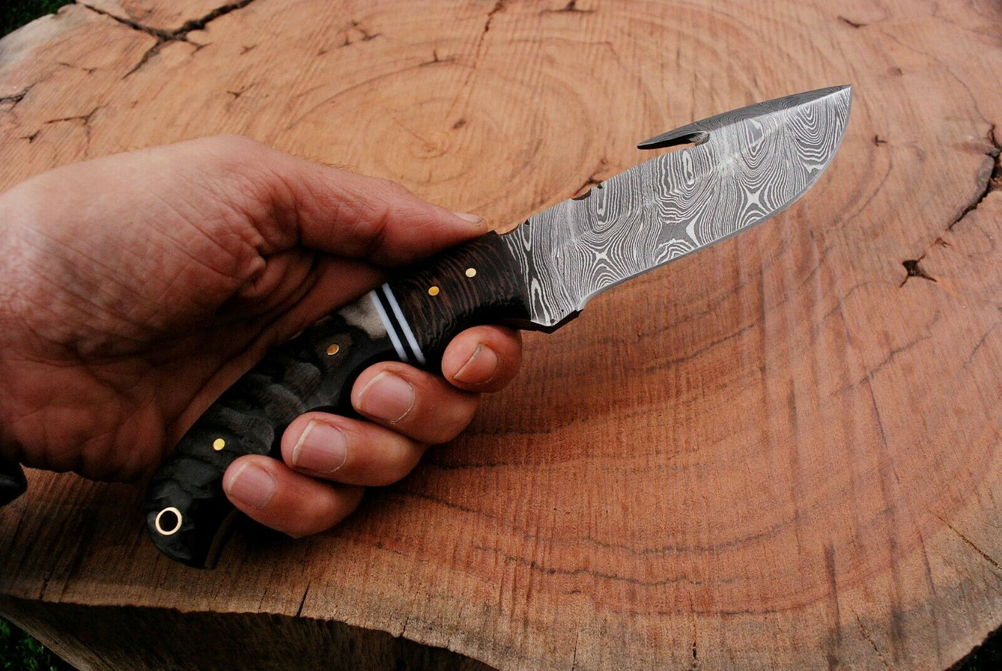 HS-361 ''9" Handmade Damascus Steel Ram Horn Handle Hunting Skinner Knife