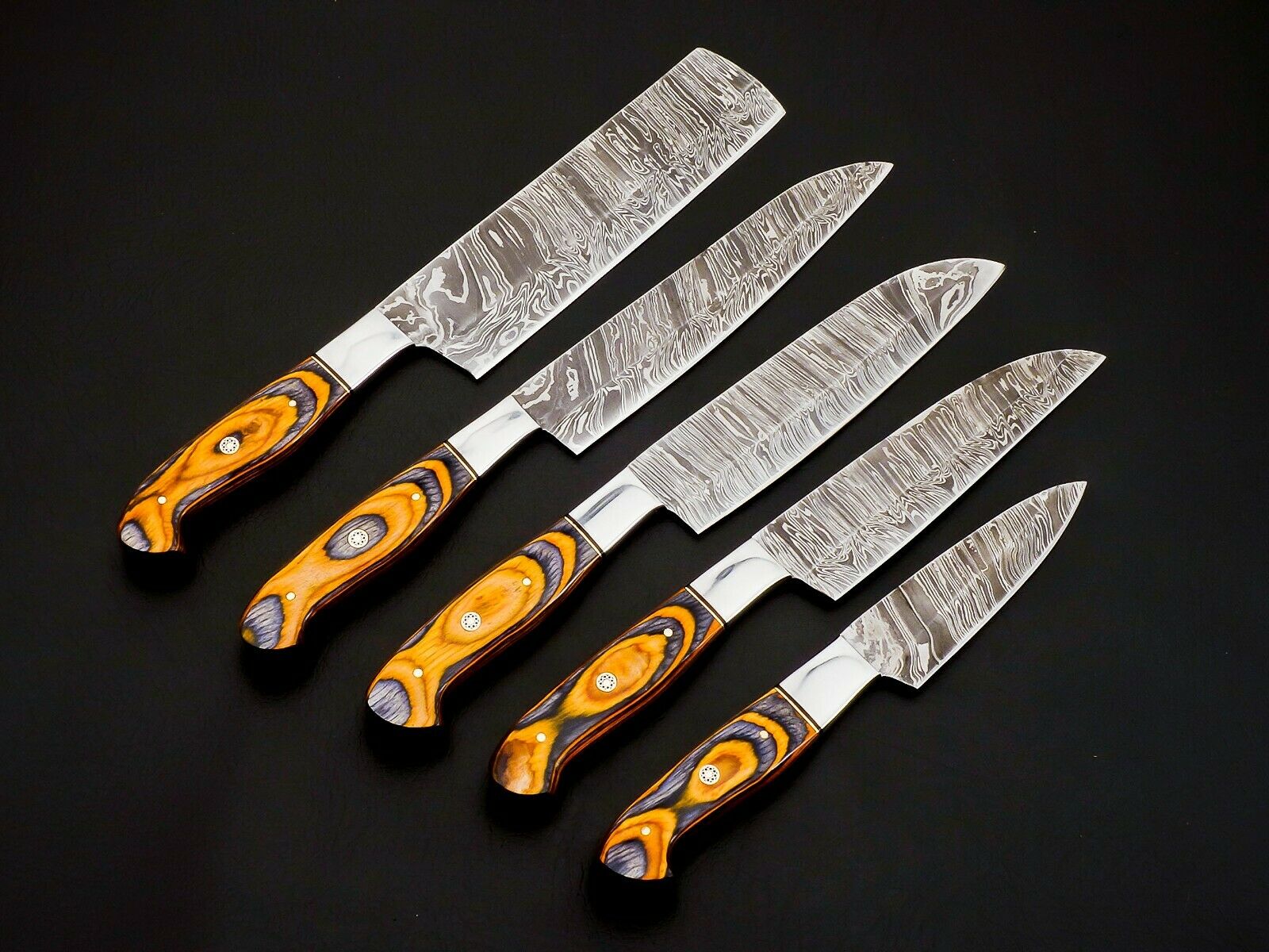 5 piece Damascus kitchen knife set with leather sheath display
