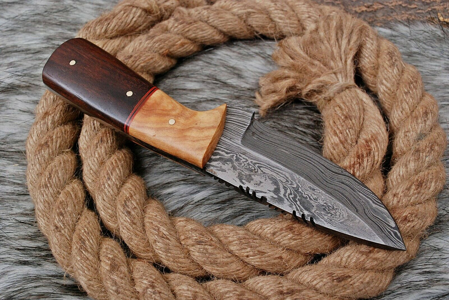 HS-795 Custom Handmade Damascus Skinner Knife With Two Type Woods Handle
