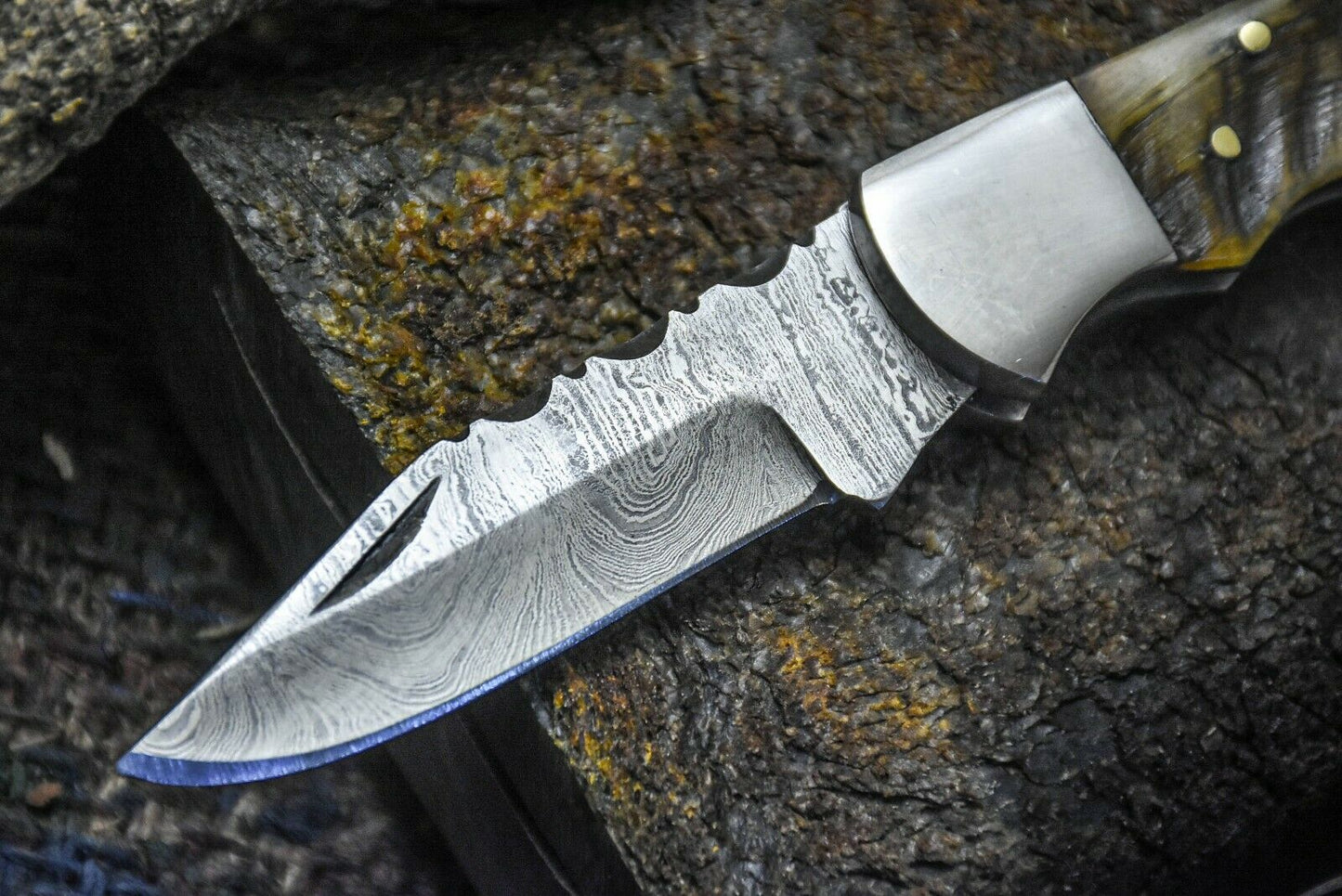 HS-1116 "  CUSTOM HANDMADE DAMASCUS STEEL BLADE FOLDING KNIFE RAM HORN