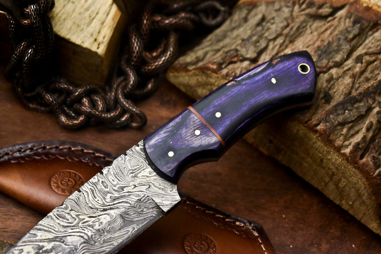 HS-704 Custom Handmade Damascus Steel Skinner Knife - Beautiful Wood Handle