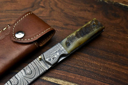 Custom Handmade Damascus Steel Blade Liner-Lock Pocket Folding Knife| Ram Horn