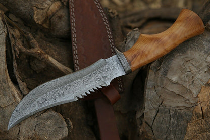 HS-307 Damascus Steel Handmade Hand Forged Olive Wood handle Bowie Knife,with sheath