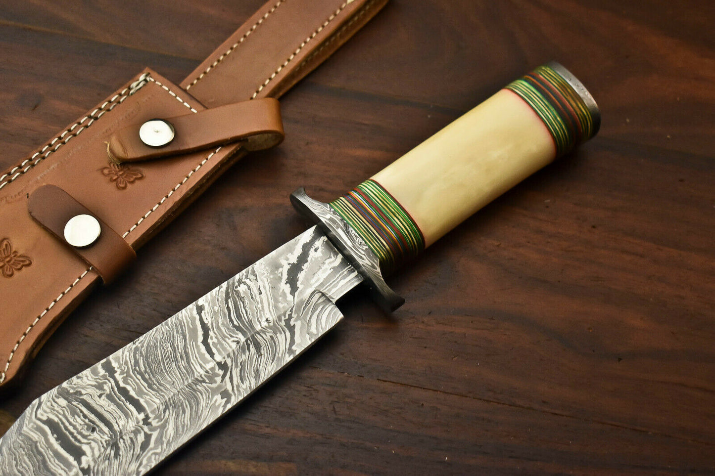 HS-335 | Custom Handmade Damascus Steel Hunting Bowie Knife - Camel Bone Handle