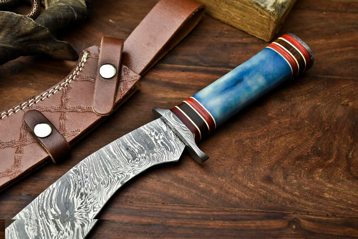 HS-864 Custom Handmade Damascus Steel Hunitng/Kukri Knife - Wood & Bone Handle