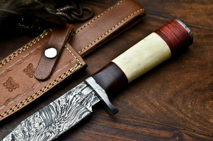 HS-319 Custom Hand Made Damascus Steel Blade Bowie Hunting Knife | CAMEL BONE