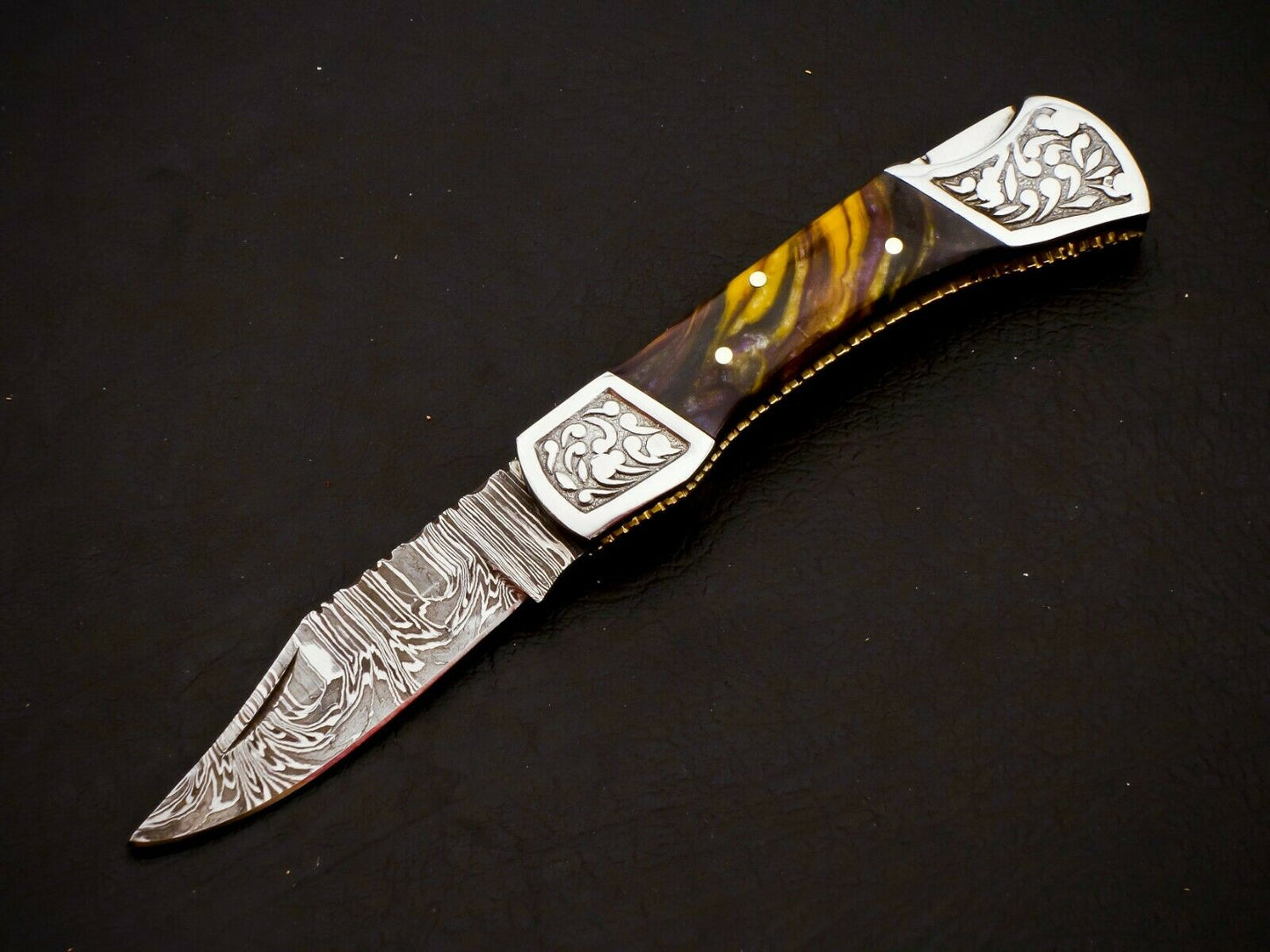 HS-1108 Custom Hand Forged Damascus Steel Back Lock Resin Handle Knife