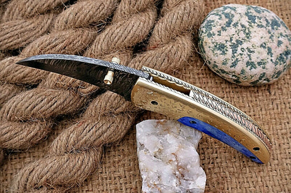 Custom Handmade Damascus Folding-Pocket Knife With Blue Colour Bone+Engraved Handle
