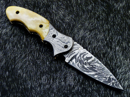 Damascus Liner Lock Folding Knife – Camel Bone | Twist Blade | HS-1124