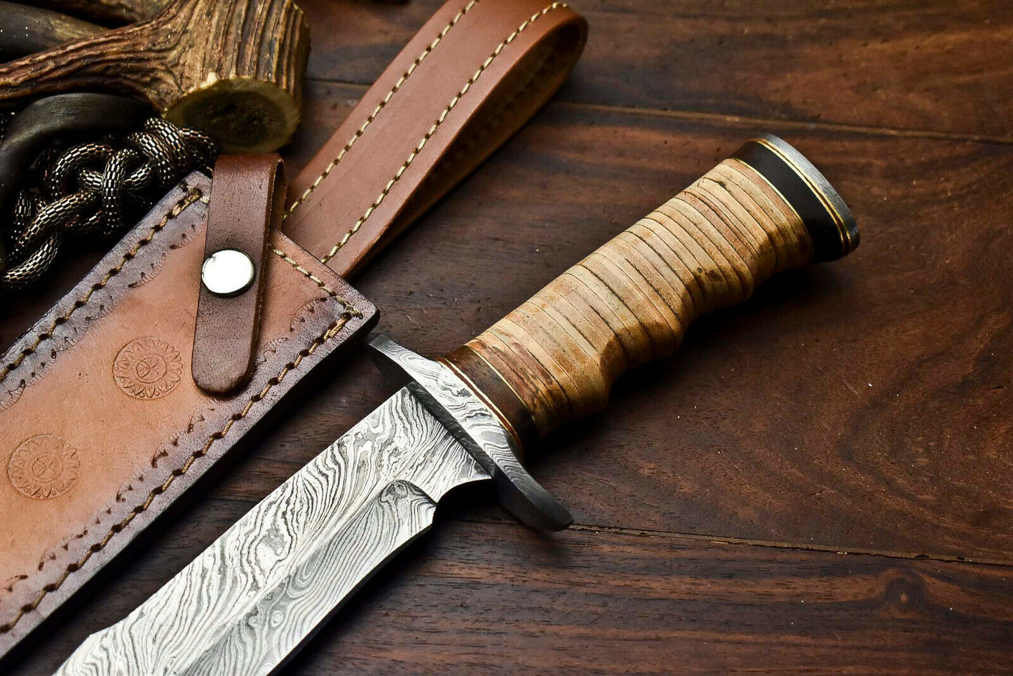 HS-331 | Custom Handmade Damascus Steel Hunitng/Bowie Knife - Leather Handle