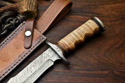HS-331 | Custom Handmade Damascus Steel Hunitng/Bowie Knife - Leather Handle