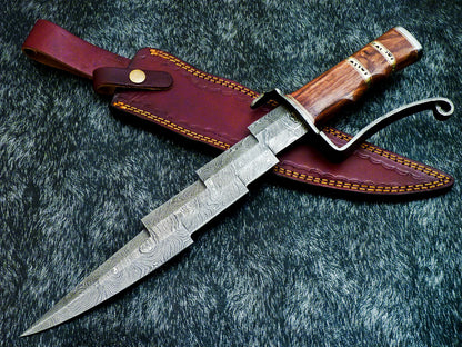 HS-381 '' Custom Hand Forged Damascus Steel 16" Hunting Knife - Natural Wood