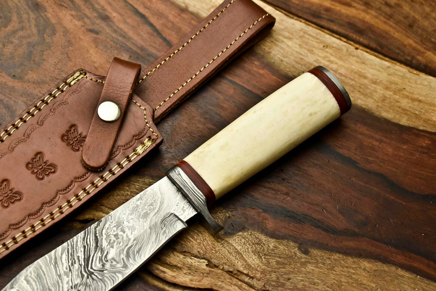 HS-320 Custom Hand Made Damascus Steel Blade Bowie Hunting Knife | CAMEL BONE