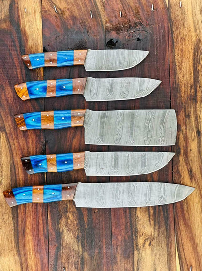 HS-136 '' Custom Handmade Damascus Kitchen Chef knife set, with Sheath, blue Wood Handle