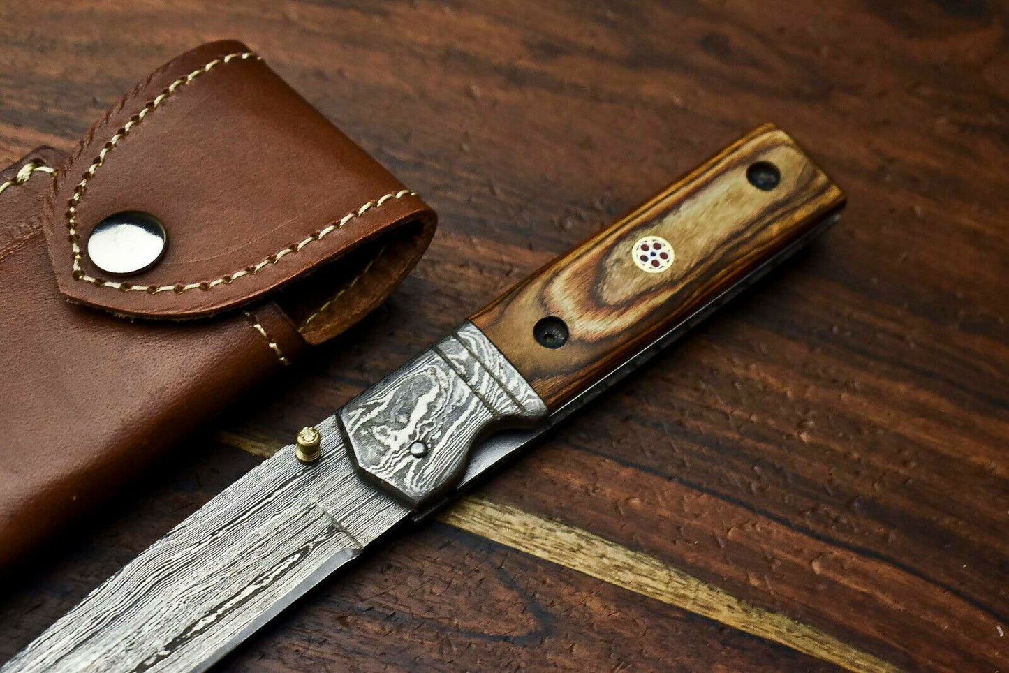 Custom Handmade Damascus Steel Blade Liner-Lock Pocket Folding Knife| HARD WOOD