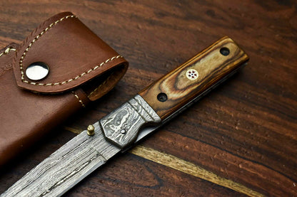 Custom Handmade Damascus Steel Blade Liner-Lock Pocket Folding Knife| HARD WOOD