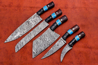 HS-142 Custom Handmade Damascus Steel 5 Pc's Chef Set with Turquoise,Resin,Wood Handle