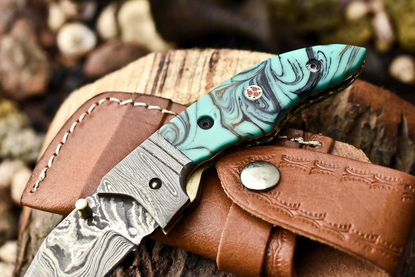 Custom Handmade Damascus Steel Pocket Folding Knife - Beautiful Resin Handle
