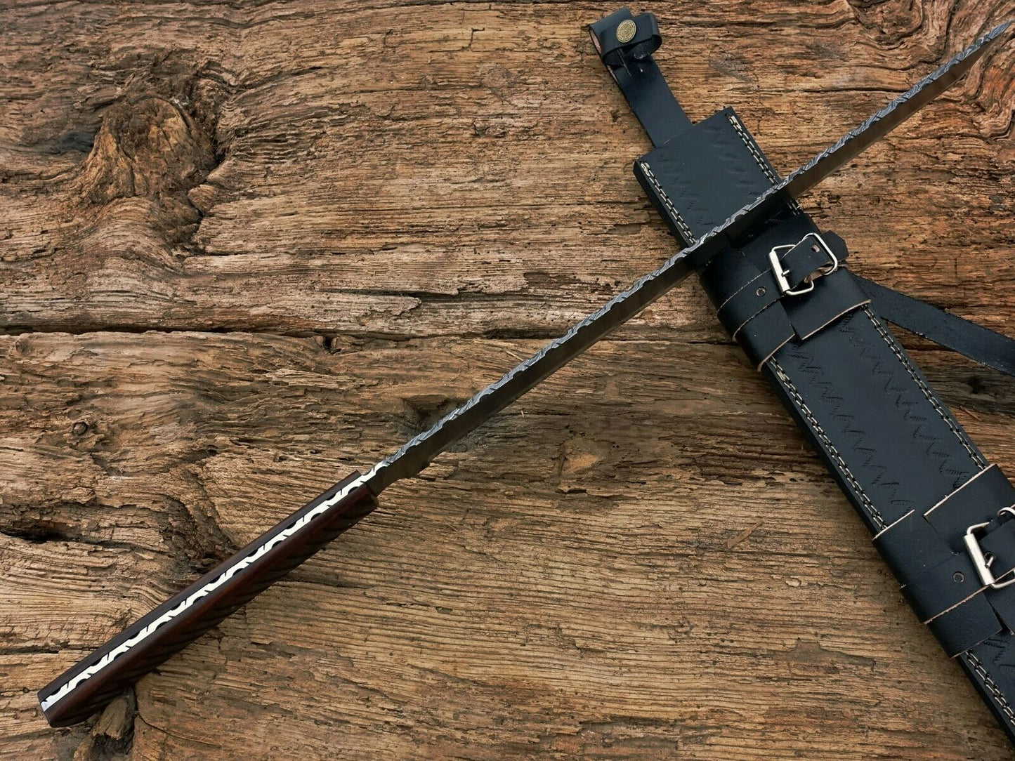 HS-1087 | Hand Forged Damascus Steel Full Tang Sword,Rose wood Handle,Leather Cover
