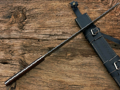 HS-1087 | Hand Forged Damascus Steel Full Tang Sword,Rose wood Handle,Leather Cover
