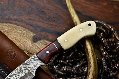 HS-712 Custom Handmade Awesome Camel Bone/Hard Wood Handle Damascus Steel Skinner Knife - Great Price