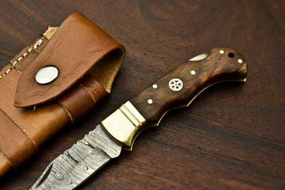 Custom Handmade Damascus Steel Pocket Folding Knife - Beautiful Walunt Wood Handle
